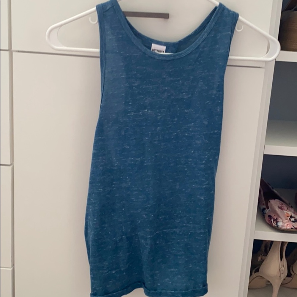 Blue Victoria Secret workout shirt.